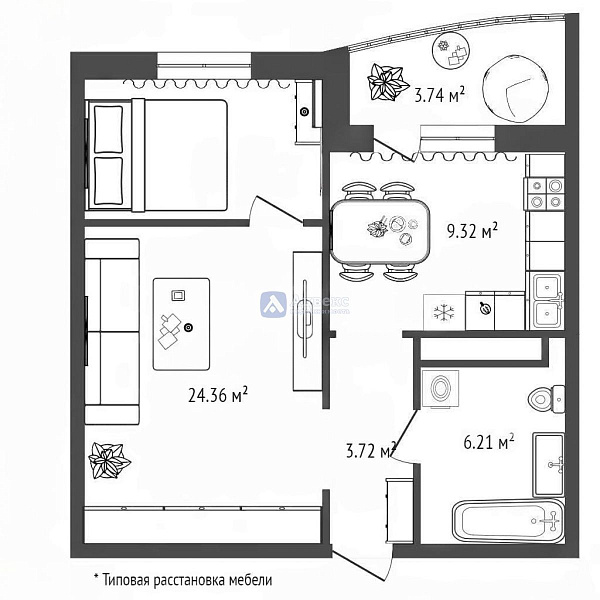 Квартира 1-комн., 43.5 м²