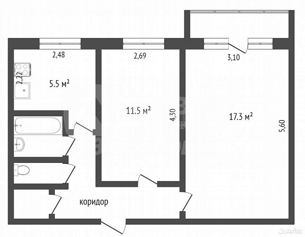 2-к квартира, 43 кв.м.