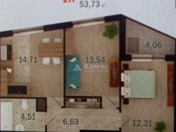Квартира 2-комн., 53 м²