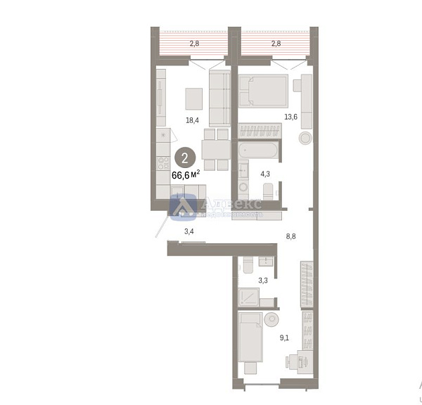 2-к квартира в новостройке, 66 кв.м.