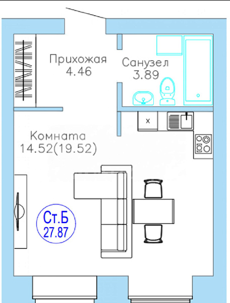 Студия, 27 кв.м.