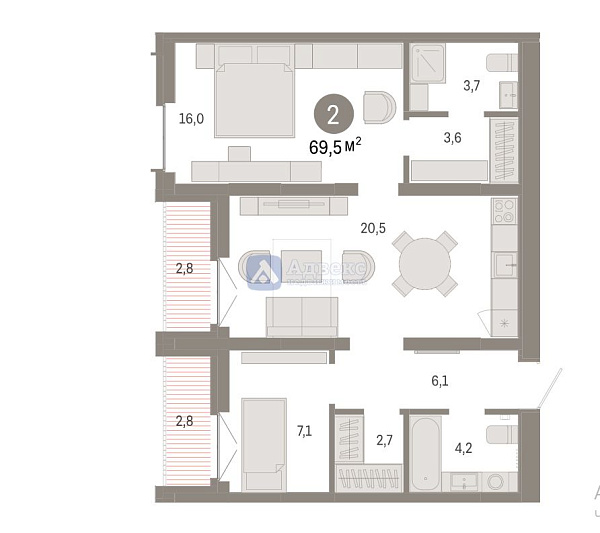 Квартира 2-комн., 69.47 м²