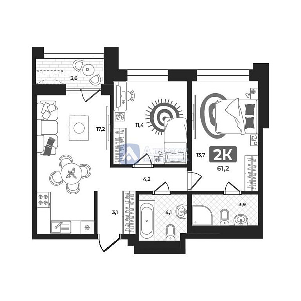 Квартира 2-комн., 57.3 м²