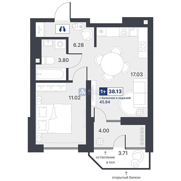 Квартира 1-комн., 38.13 м²