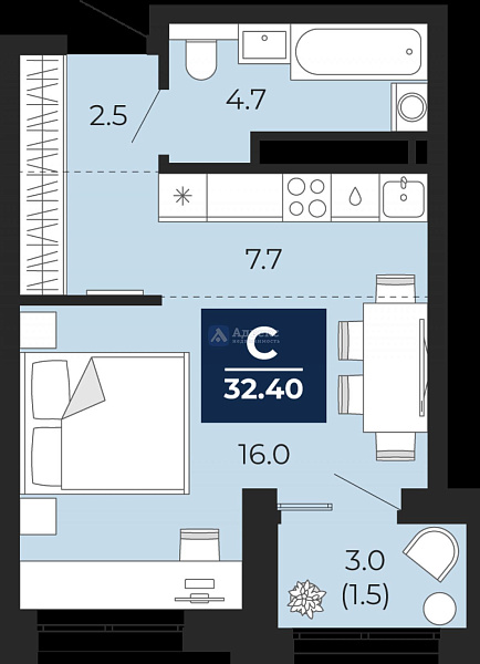 Студия в новостройке, 32 кв.м.