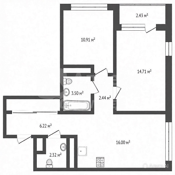 2-к квартира, 56 кв.м.