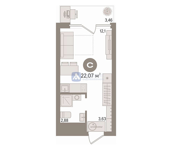 Квартира студия, 22.07 м²