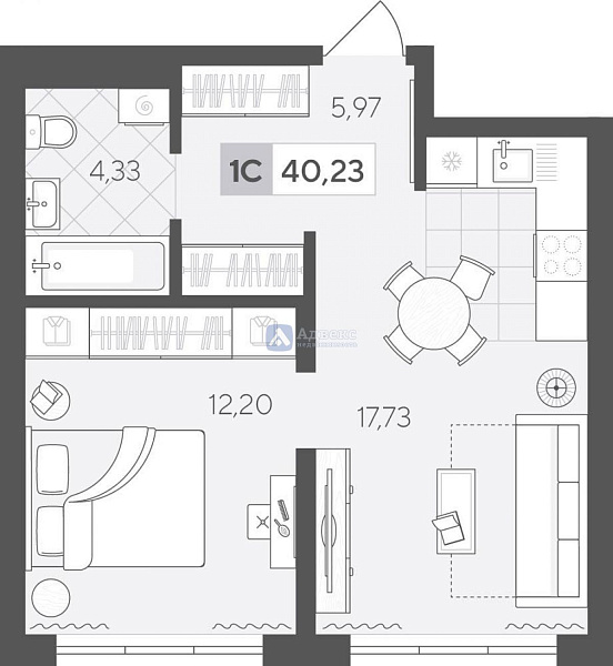 1-к квартира в новостройке, 40 кв.м.