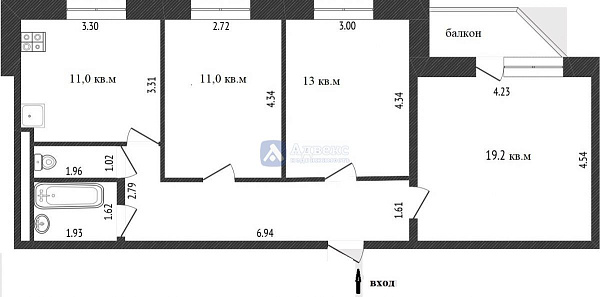 Квартира 3-комн., 72.5 м²
