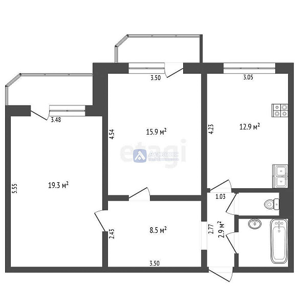 2-к квартира, 64 кв.м.