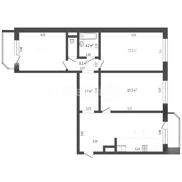 Квартира 3-комн., 93 м²