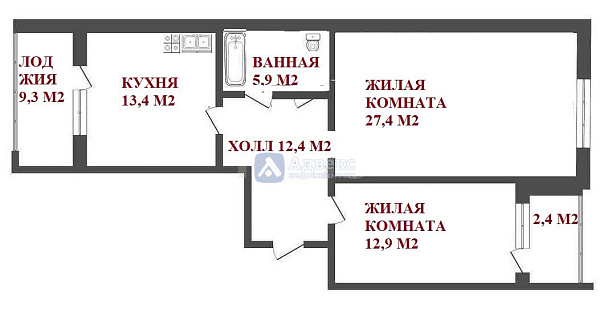 2-к квартира, 74 кв.м.