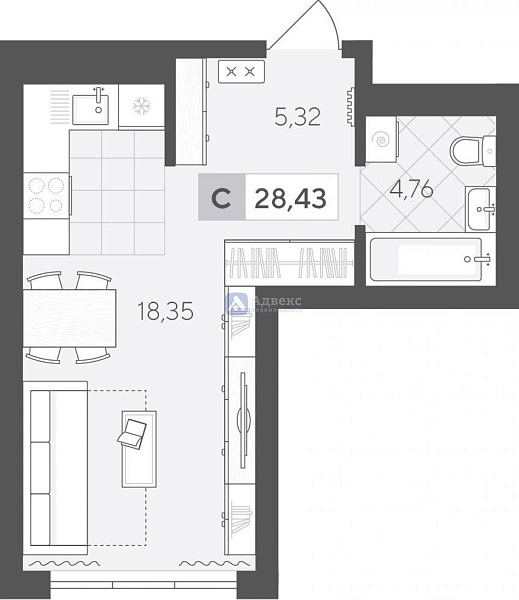 Квартира студия, 28.43 м²