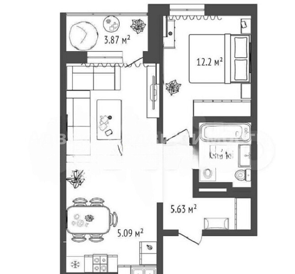 Квартира 1-комн., 45.9 м²