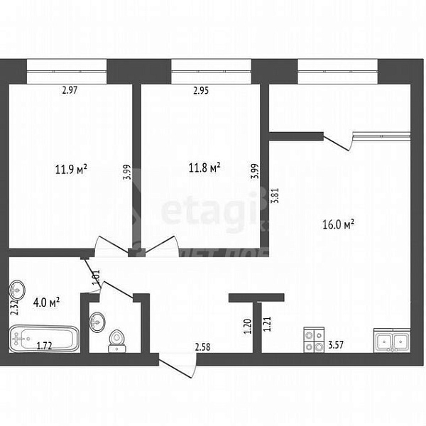 2-к квартира, 59 кв.м.