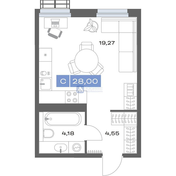 Квартира 1-комн., 28 м²