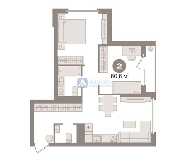 Квартира 2-комн., 60.6 м²