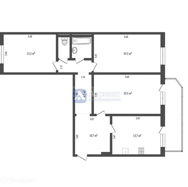 3-к квартира, 91 кв.м.