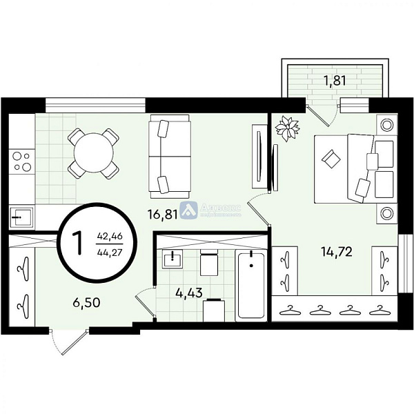 Квартира 1-комн., 44.27 м²