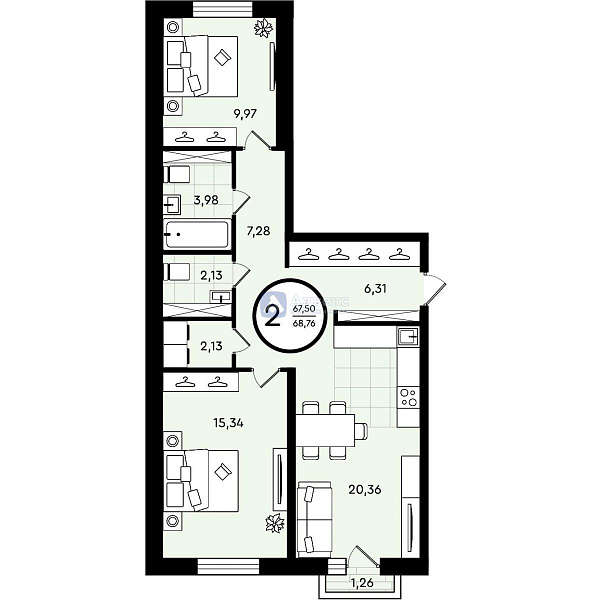 Квартира 2-комн., 68.76 м²