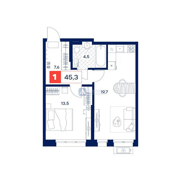 1-к квартира в новостройке, 45 кв.м.
