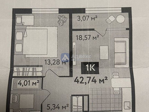 1-к квартира, 43 кв.м.