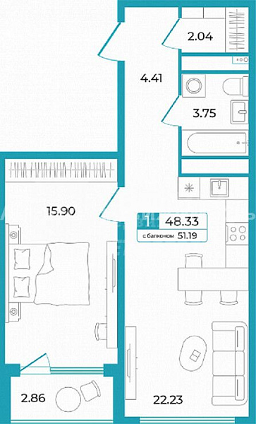 Квартира 1-комн., 48.9 м²
