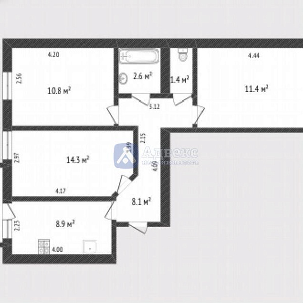 Квартира 3-комн., 57.3 м²