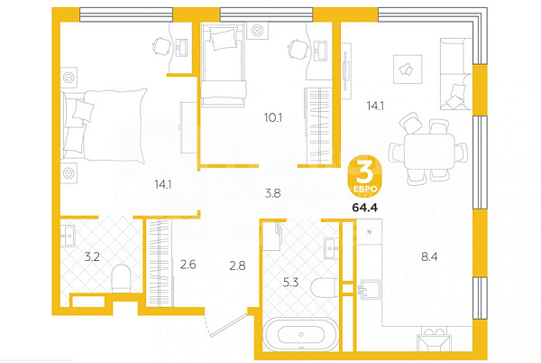 Квартира 3-комн., 64.4 м²