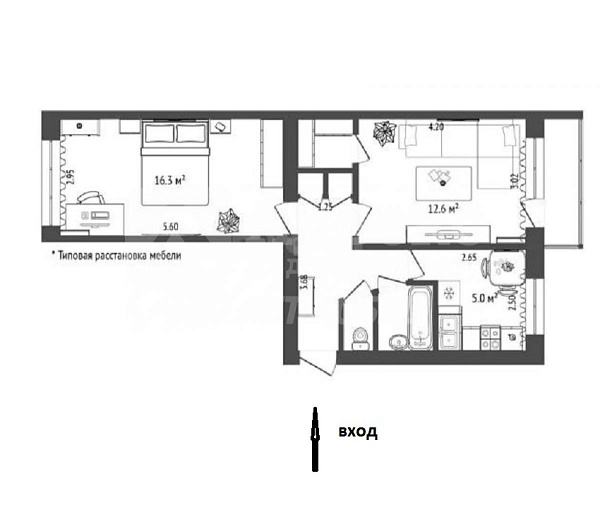 2-к квартира, 40 кв.м.