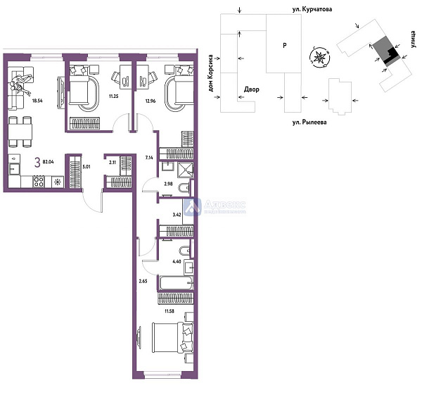 3-к квартира в новостройке, 82 кв.м.