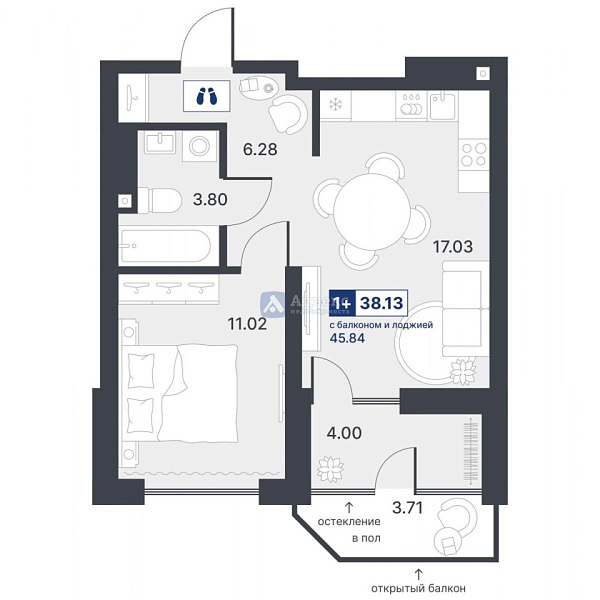 Квартира 1-комн., 38.13 м²