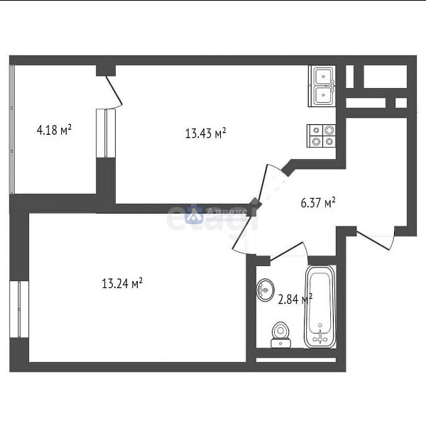 Квартира 1-комн., 37.4 м²