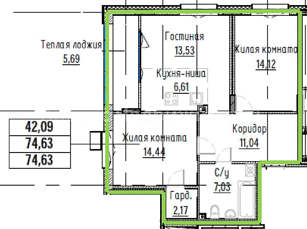 2-к квартира в новостройке, 74 кв.м.