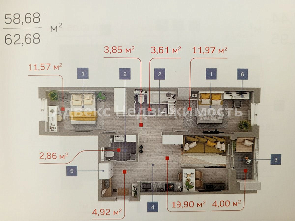 2-к квартира, 58 кв.м. 2-к квартира, 58 кв.м.