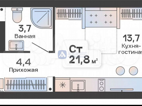 Квартира студия, 21.8 м²