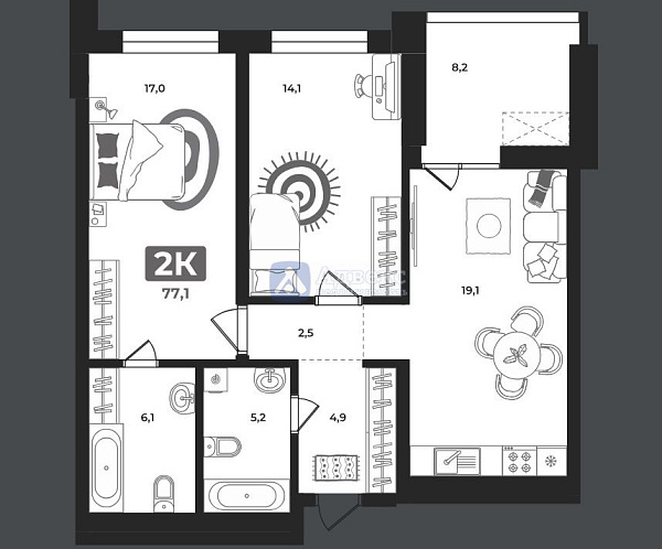 Квартира 2-комн., 77.1 м²