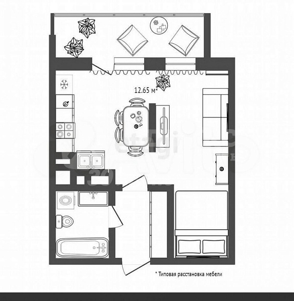 Квартира студия, 28.9 м²