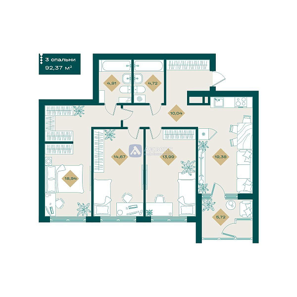 3-к квартира в новостройке, 92 кв.м.