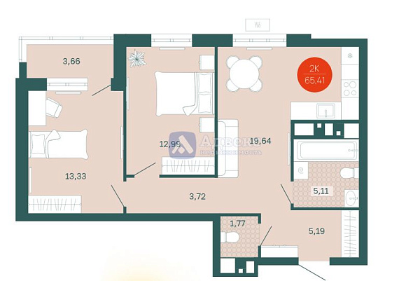 2-к квартира, 61 кв.м.