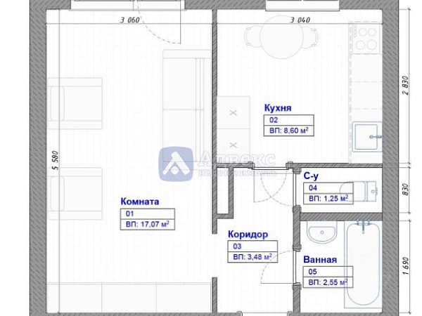 Квартира 1-комн., 33 м²