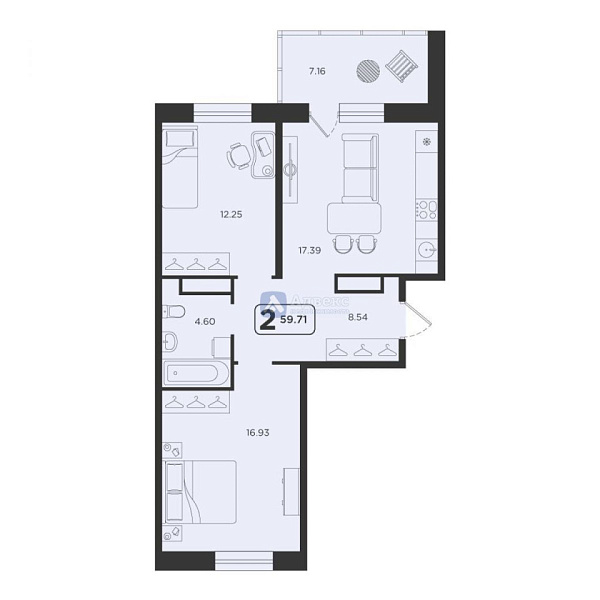 Квартира 2-комн., 59.71 м²