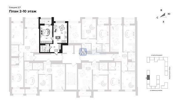 Квартира 1-комн., 44.1 м²