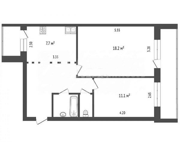 2-к квартира, 52 кв.м.