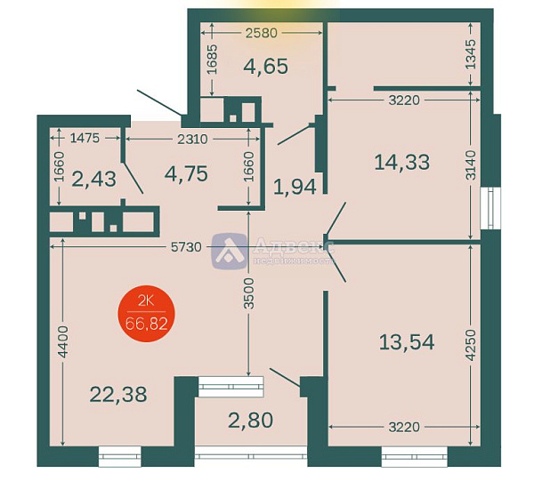 2-к квартира, 64 кв.м.