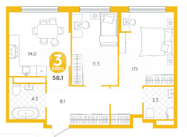 Квартира 3-комн., 58.1 м²