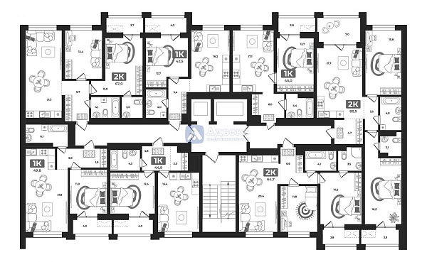 Квартира 1-комн., 44.6 м²