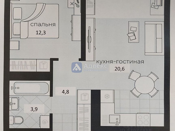 1-к квартира, 41 кв.м.