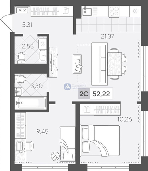 2-к квартира в новостройке, 52 кв.м.