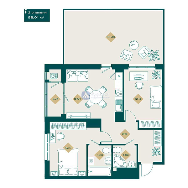 2-к квартира в новостройке, 98 кв.м.